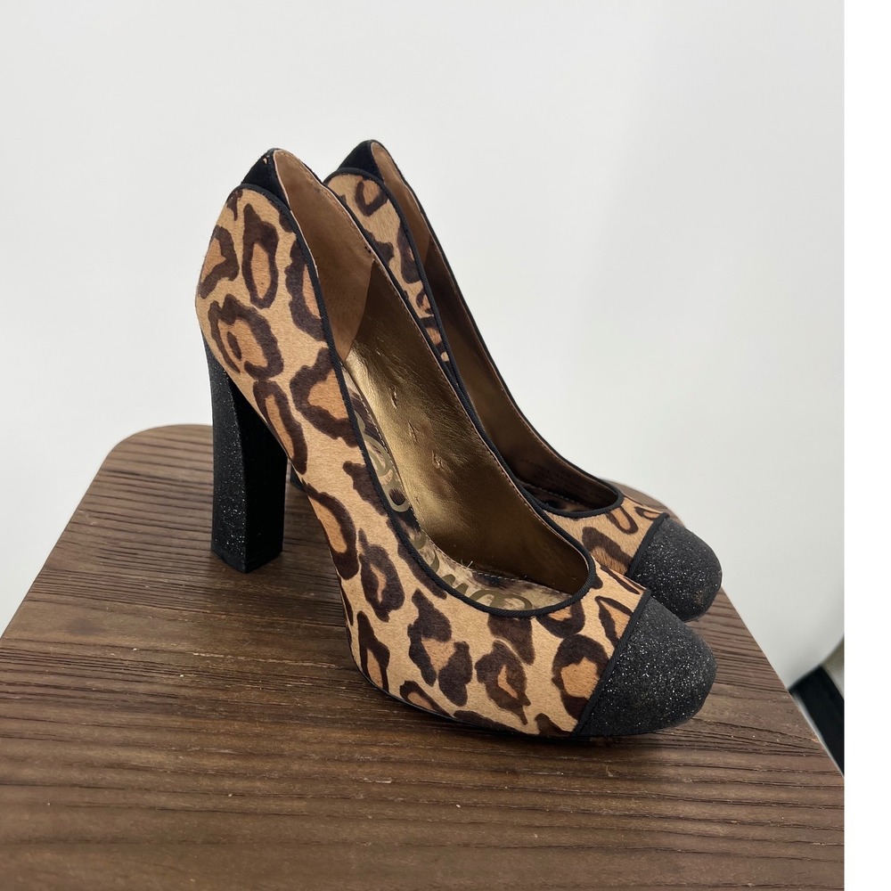 Sam Edelman Frances Leopard Calf Hair Glitter Cap Toe Block Heel Pumps Size 8